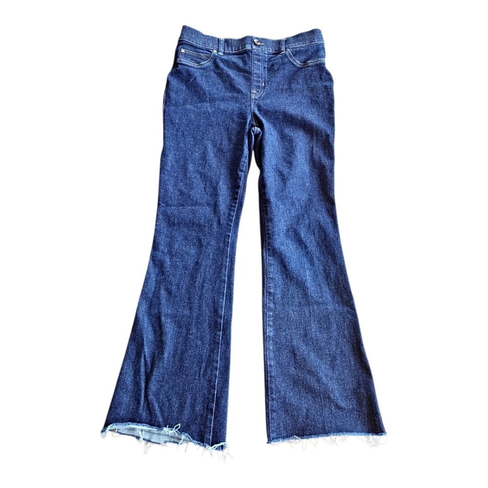 Spanx Flare‎ Pull On Jeans Women L Blue High Rise Pocket  Tummy Control Raw Hem